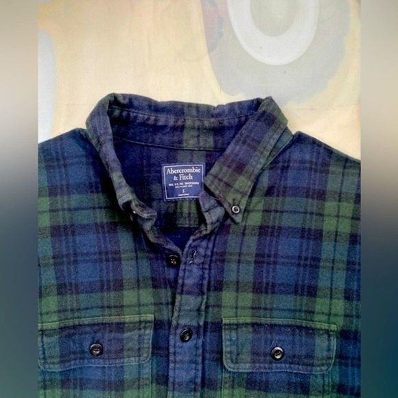 Abercrombie & Fitch Button Up Flannel Shirt Mens Sz S Green Blue Plaid Sz S - Picture 4 of 10